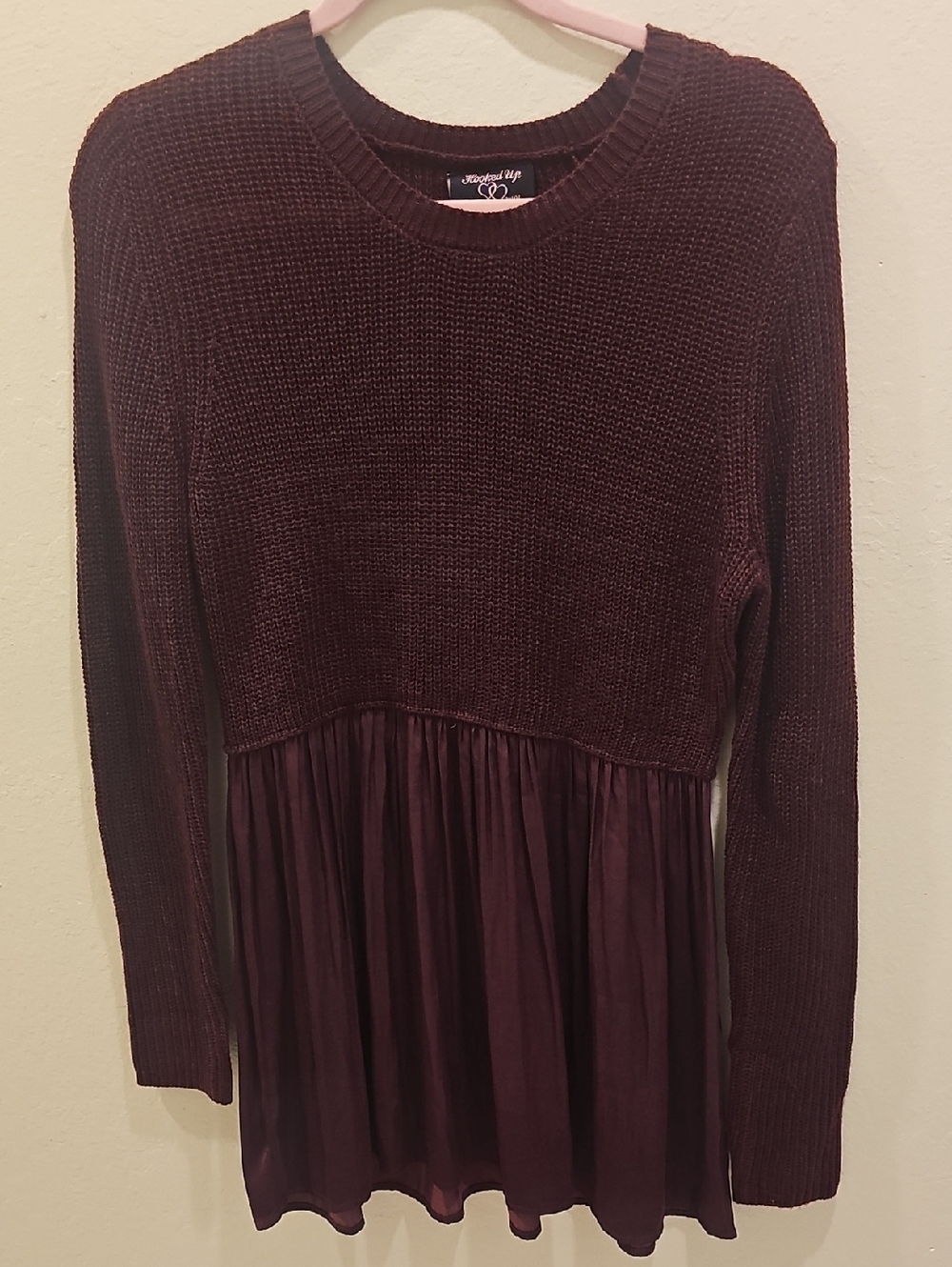 Hooked Up by IOT Long Sleeve Burgundy Knit & Pleated Hem Dress